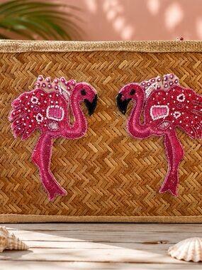 NEW Ranee’s Miami Flamingo Beaded Straw Clutch Purse Natural Summer Handbag